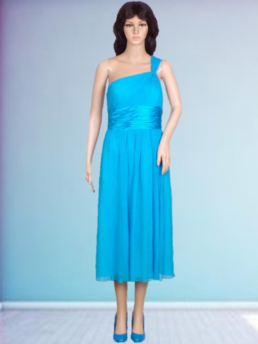 SILK! MAGGY LONDON size 6 blue 1-shoulder fit/flare midi dress 100% silk outer